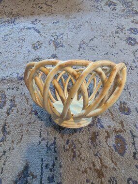 Vintage UNIQUE Stoneware Woven Basket Off White Speckle Pattern 7.5" x 5.5"